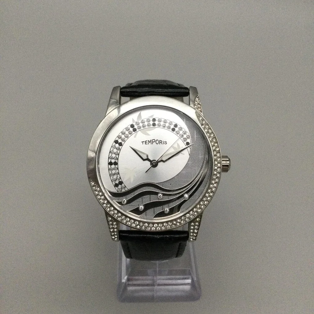 Temporis Waterfall Womens Watch 42mm Crystal Bezel Black Leather New Battery